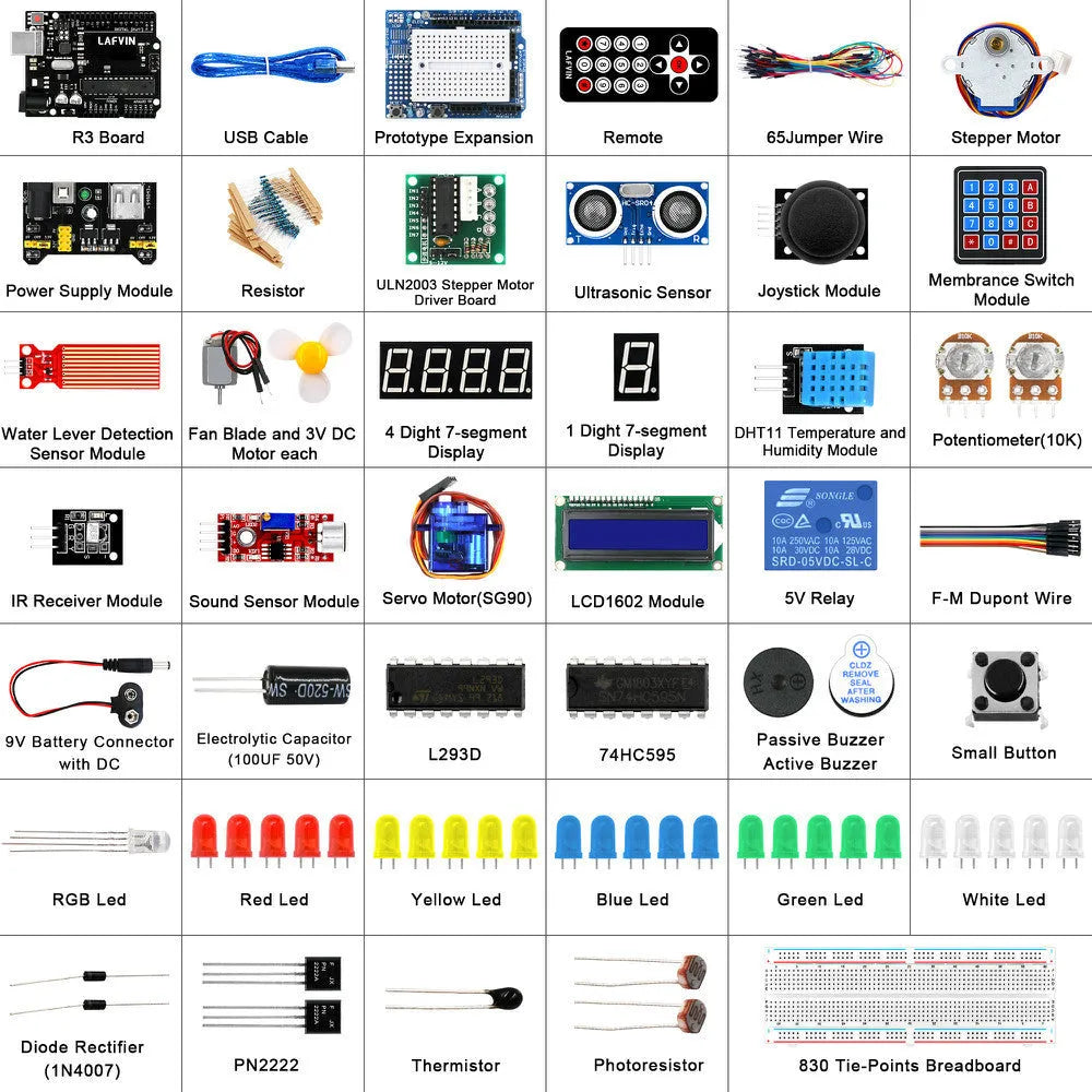 LAFVIN Arduino UNO R3 Super Starter Kit with blue development board and multiple electronic components.