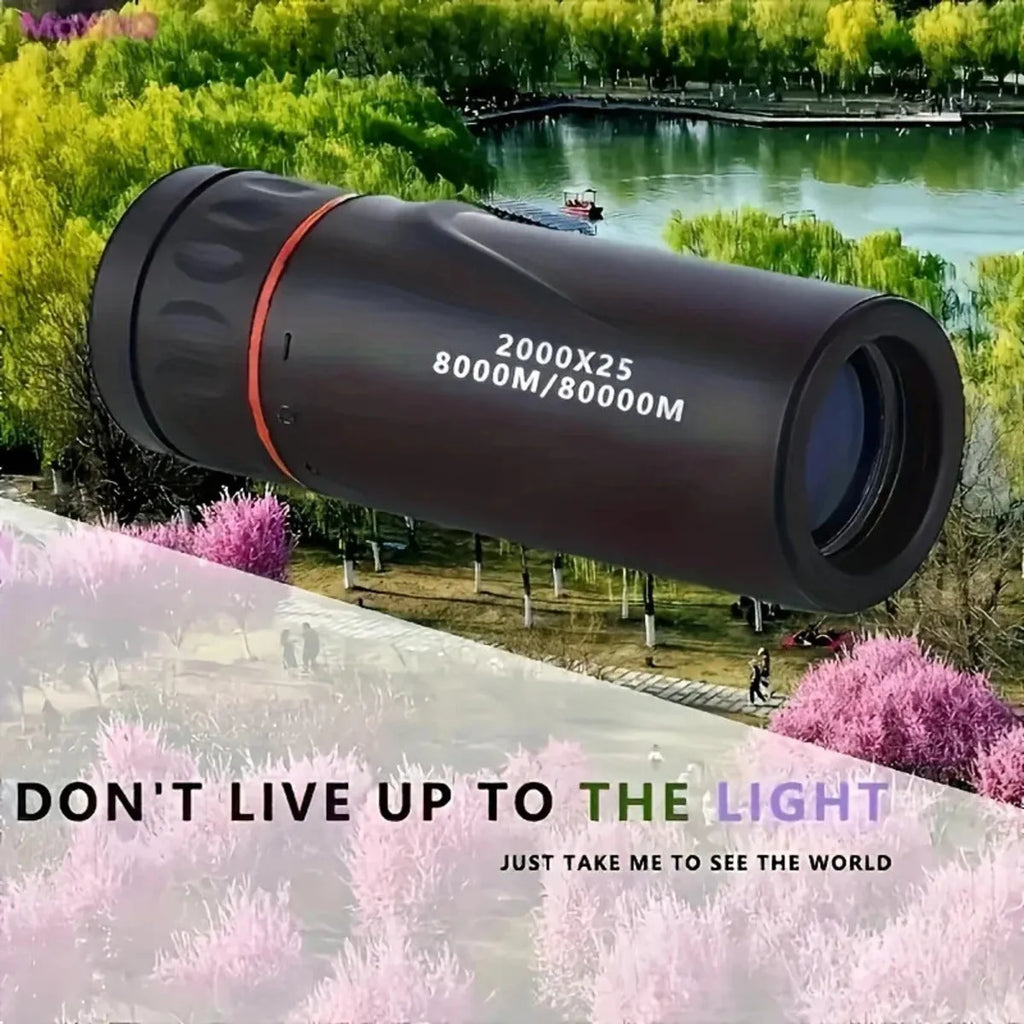 Black monocular telescope with mobile phone holder attached for outdoor observation