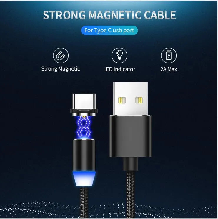 YBD black braided magnetic charging cable with LED light and aluminium shell for iPhone and Android.