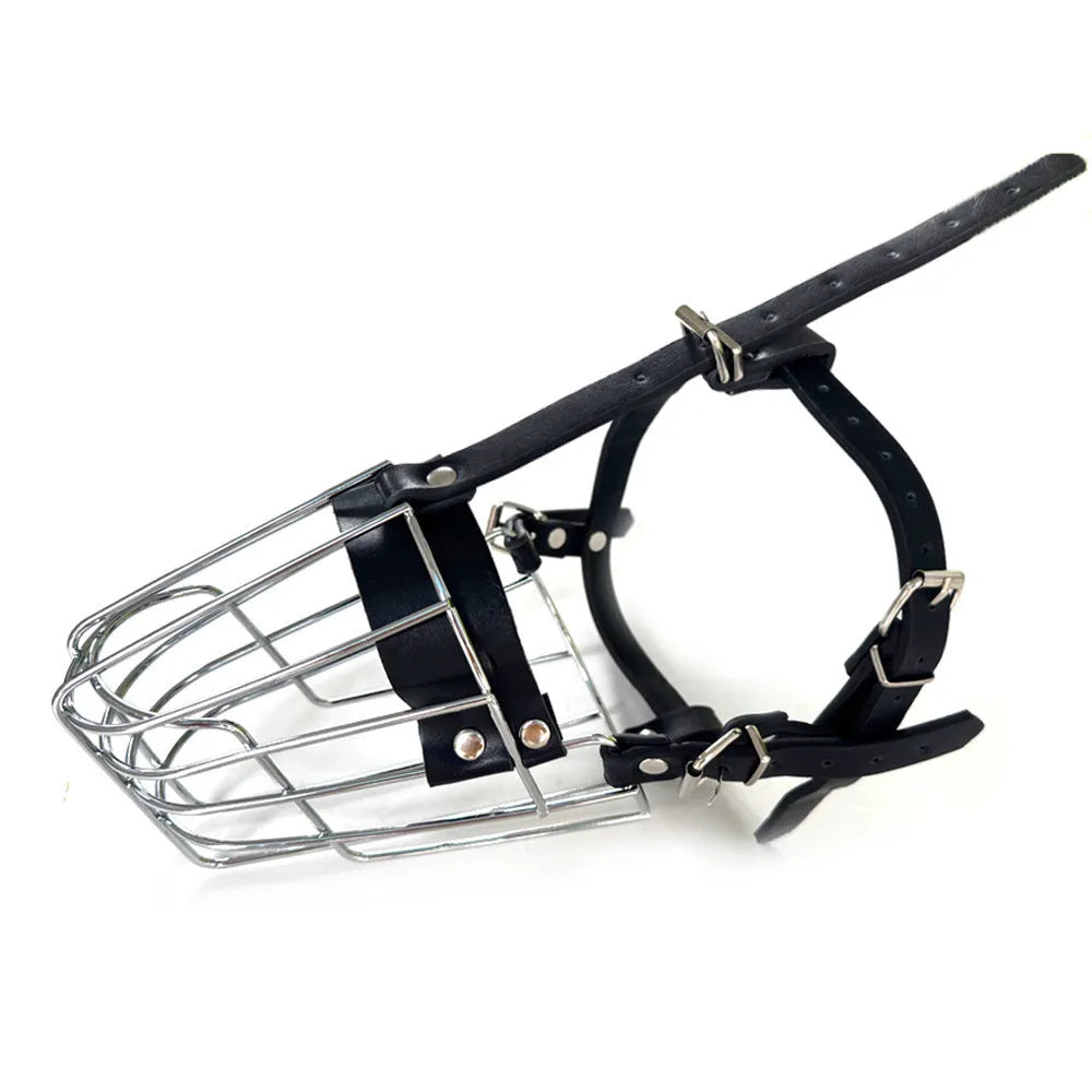 Black metal dog muzzle with adjustable straps, designed for Golden Retrievers and German Shepherds.