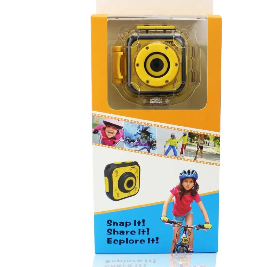 Yellow children's waterproof sports camera with 1.77-inch screen showing video playback
