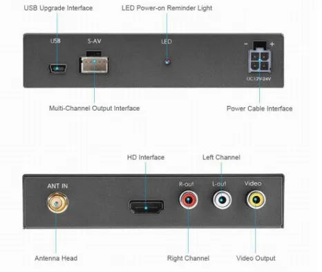 Black Car Mirror Link Box Wi-Fi converter with power cable, AV cable, antenna, and user manual