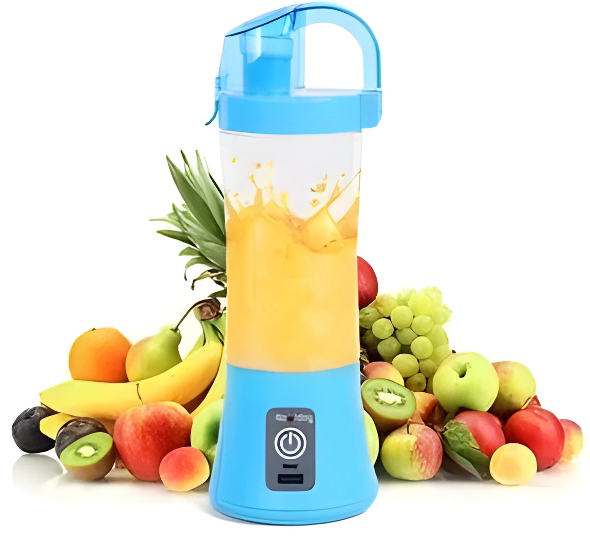 Blue portable handheld USB rechargeable blender with a 400ml clear cup on a table.