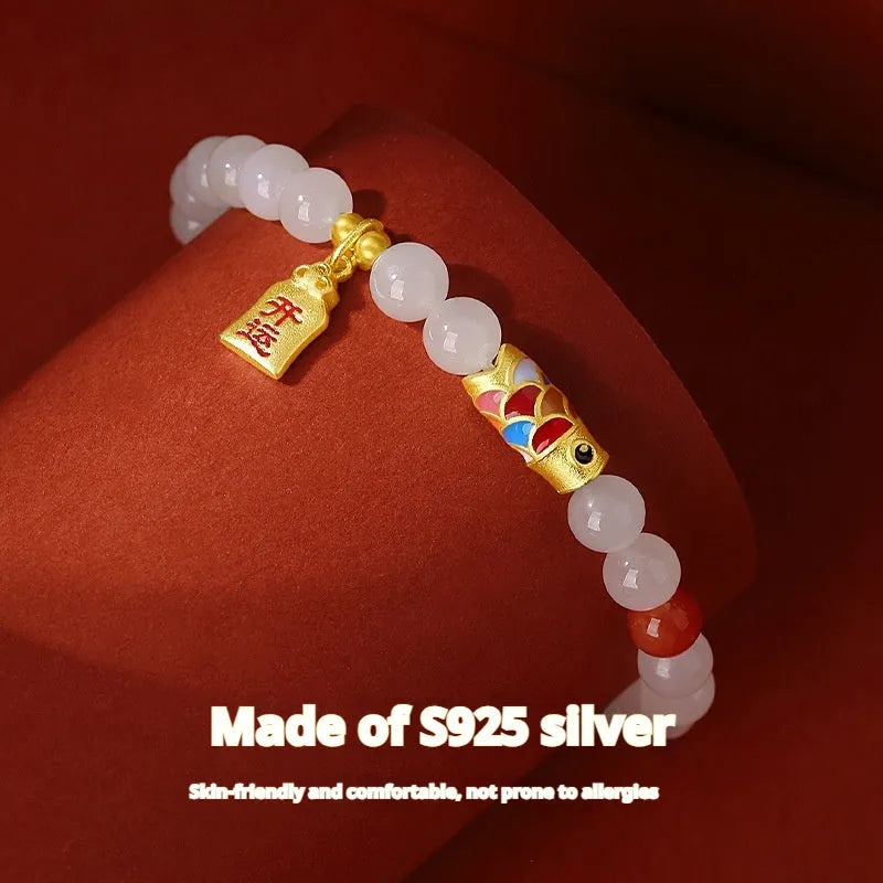 S925 sterling silver bracelet with koi fish design, cold enamel details, and natural Hetian jade.