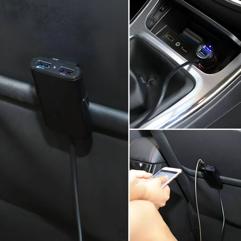 Fast charge car charger in black with blue LED light and white LED on extender