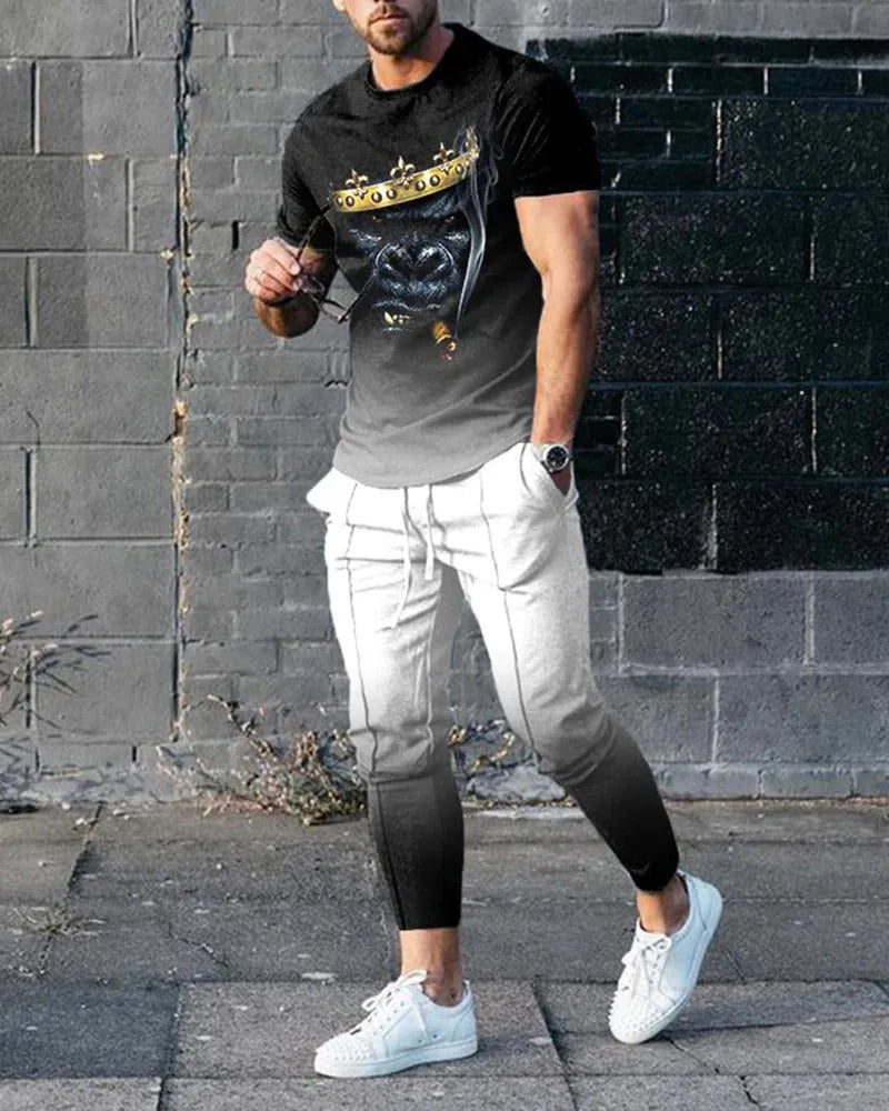 Men's casual printed short sleeve pullover and matching trousers suit set on a white background.