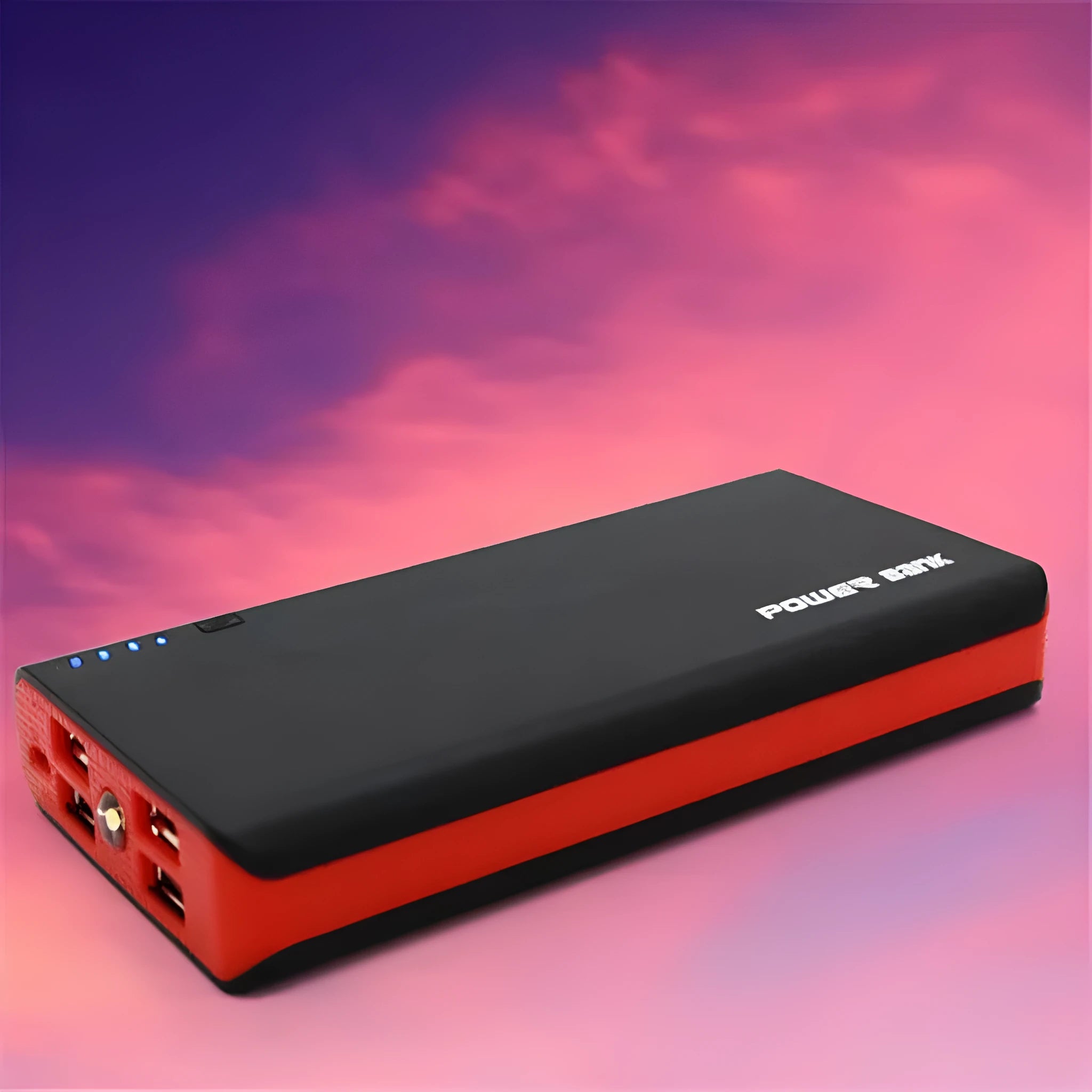 Red 20000mAh 4U fast charging portable power bank for mobile phones and tablets.