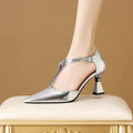 Women's gold and silver genuine cowhide leather pointed toe hollowed sandals on a white background.