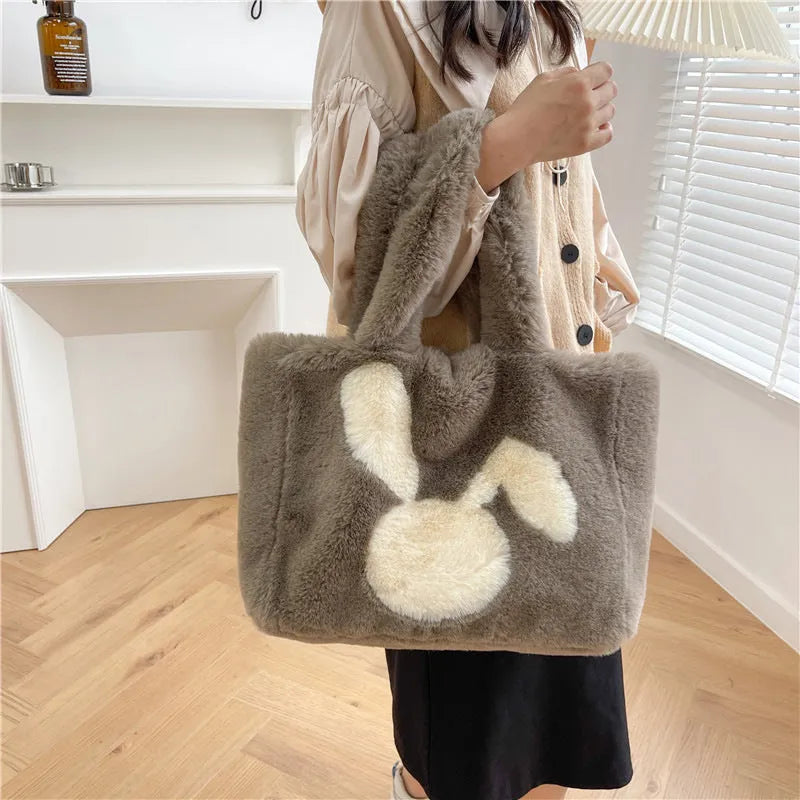 Cartoon rabbit ears plush shoulder shopping bag in solid colour with large capacity