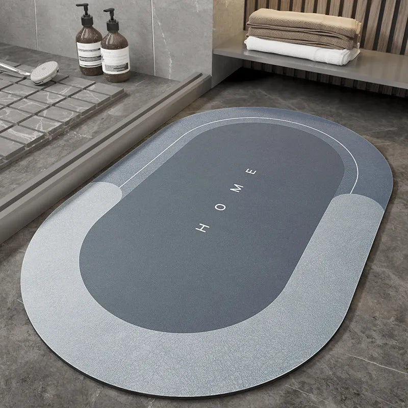 Blended bathroom floor mat in oval and rectangle shapes, Baikal colours blue light grey green dark grey