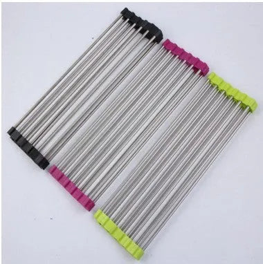 Folding stainless steel kitchen drain sink rack with collapsible design for dish organisation