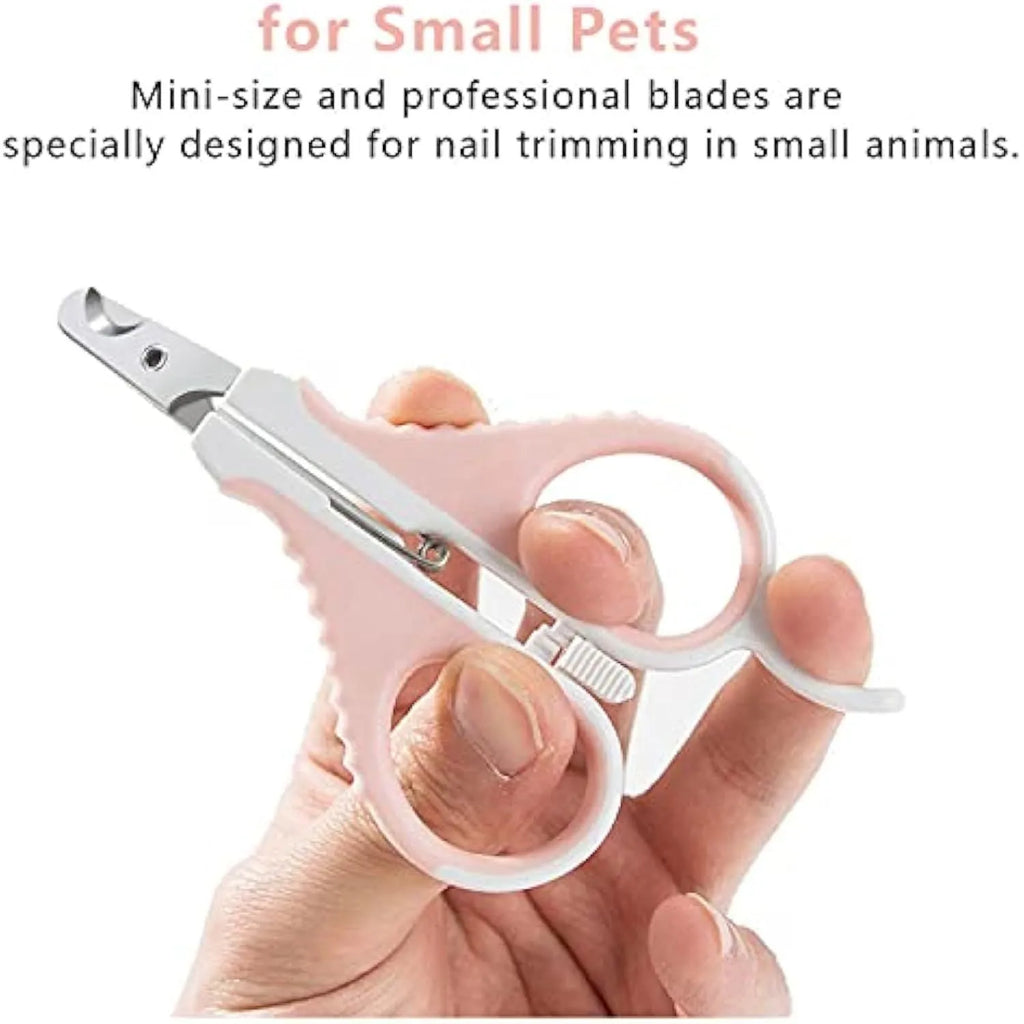 Grey and pink cat nail clippers with angled blade and safety guard for small pets