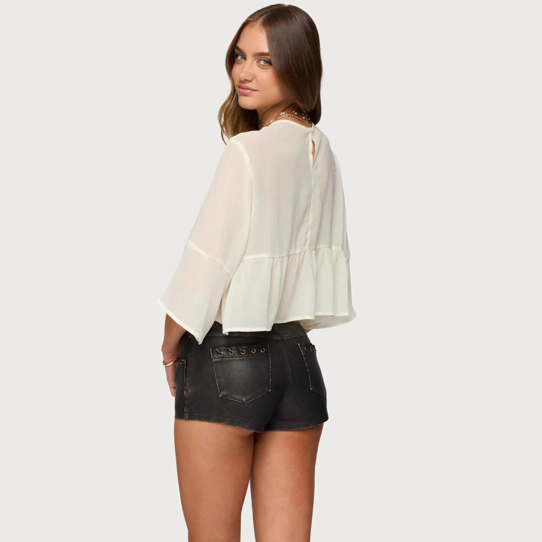 Women's milky white chiffon top with long batwing sleeves, casual pullover style.