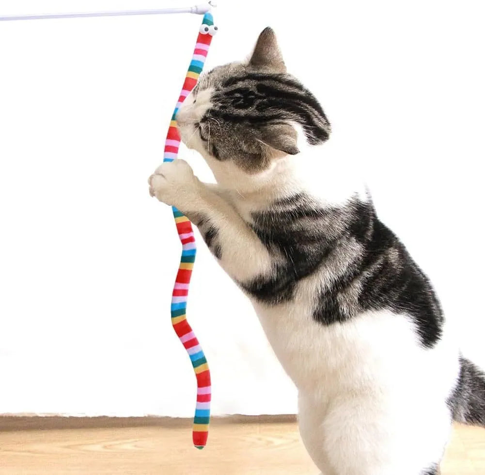 Cat wand toy with polycarbonate wand and long plush strip in vibrant colours for interactive play