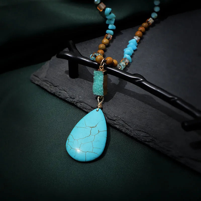 Turquoise water drop pendant necklace with mixed gem inlay and ball bead chain