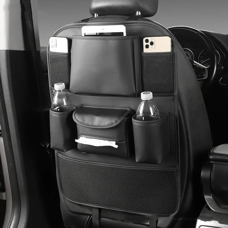 Leather car seat back storage bag in black grey green or brown hanging behind vehicle seat