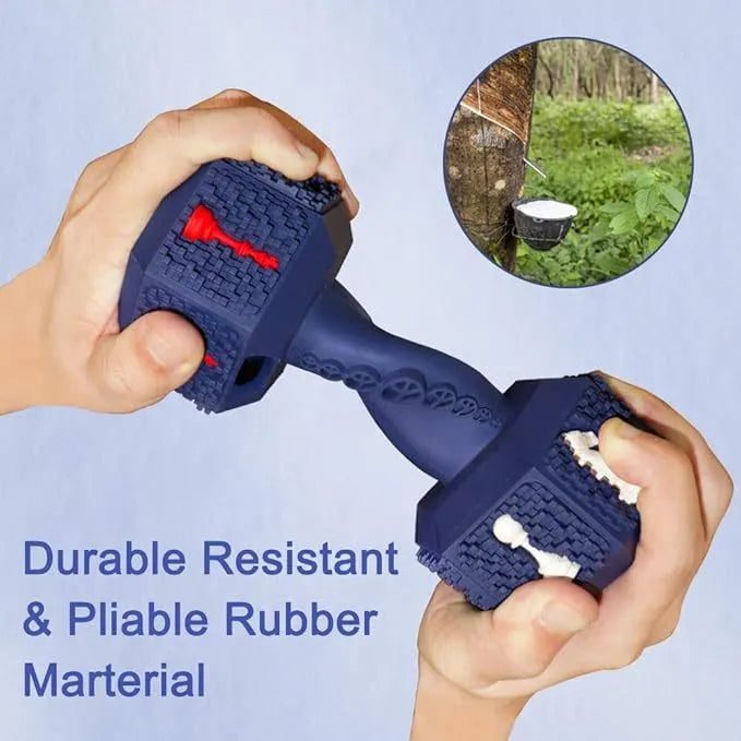 Blue rubber dumbbell dog chew toy with textured surface and hollow ends for treats.