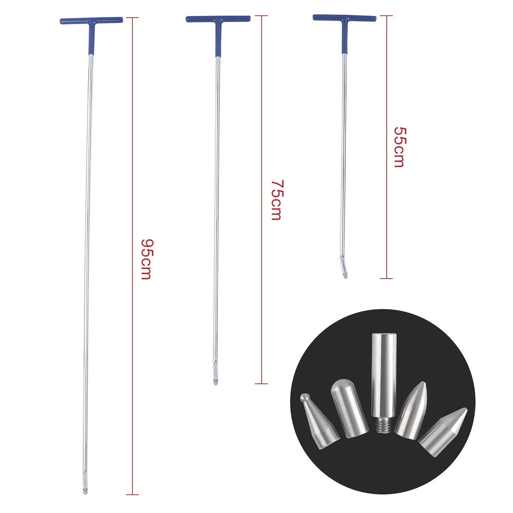 Three alloy steel hook and crowbar tools for car dent repair, presented on a white background.