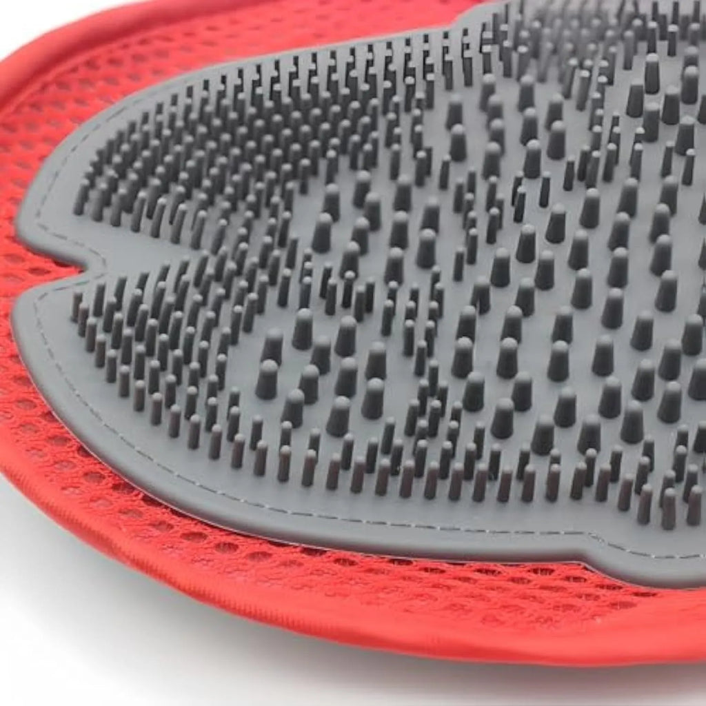 Red pet bathing glove with silicone brush bristles and adjustable strap for grooming dogs and cats