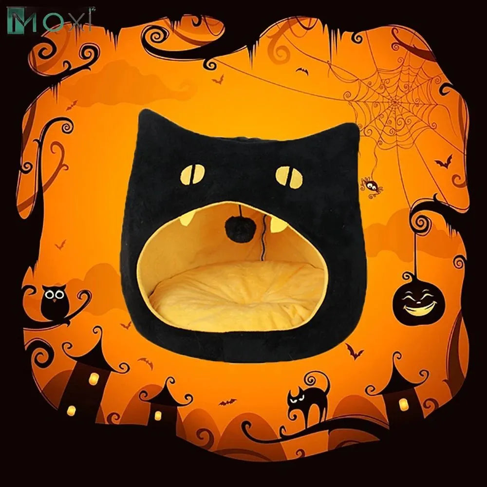 Enclosed cat-shaped pet bed with plush fabric and covered cave design