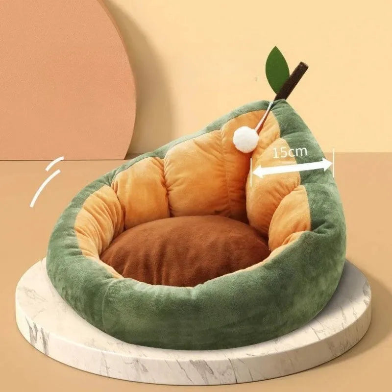 Coffee-coloured cotton pet bed house for a cat, showing plush cushion inside.