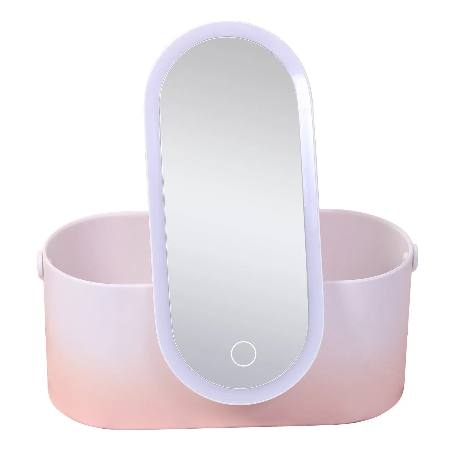 Pink gradient portable LED makeup mirror and storage organiser box with USB port.