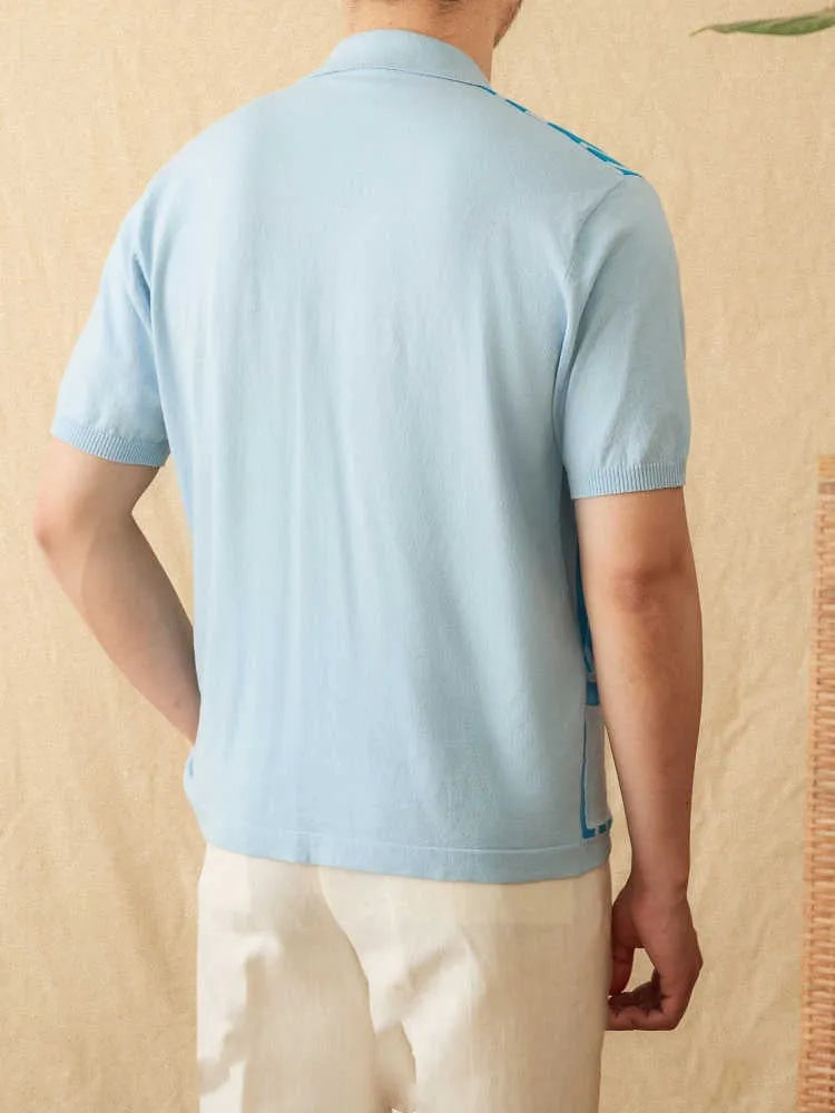 Royal blue striped cotton cardigan polo shirt with lapel collar and short sleeves laid flat