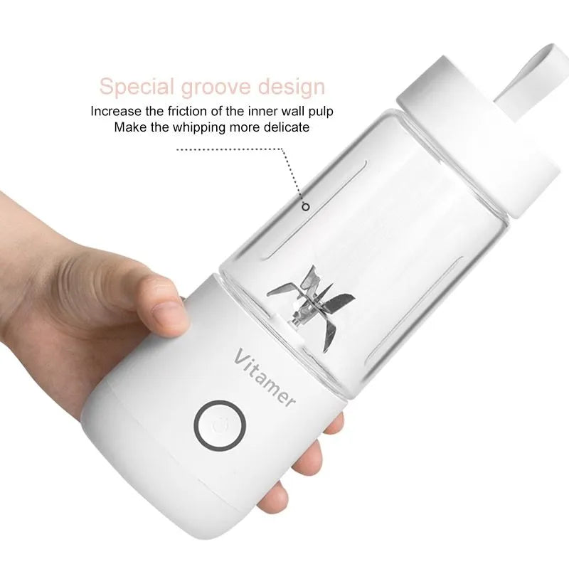 White portable USB rechargeable blender bottle with silicone carry ring, 350ml Tritan cup, and stainless steel blades.