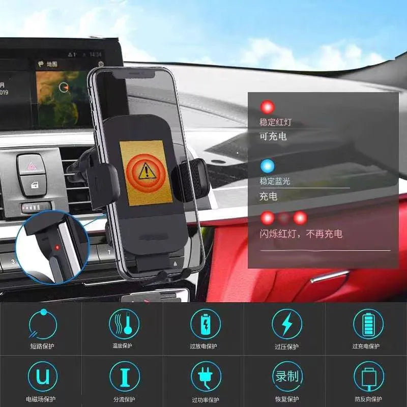 Black bare metal car wireless charging stand with 15W fast charging, shown with dashboard tripod and air vent clip mounting styles.