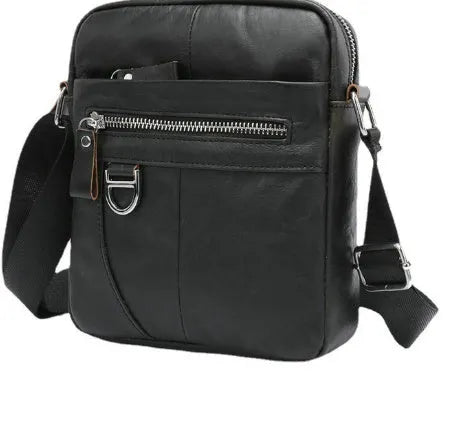 8 inch black shoulder messenger bag made from genuine cowhide leather with visible sewing lines