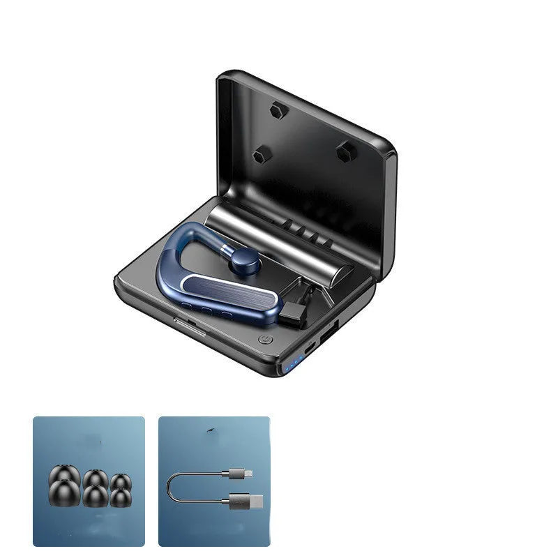 Black Bluetooth earphones with hanging ear design shown with three pairs of silicone ear caps and charging cable