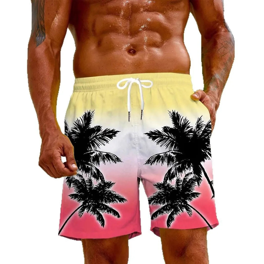 Man's 3D printed quick-dry swimming trunks in a summer design colour, showing micro-elastic polyester fabric.
