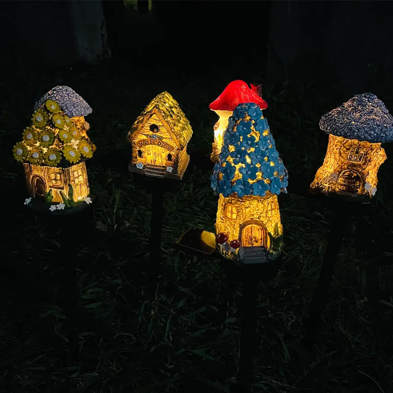 Solar-powered resin house outdoor LED garden light with flower shape design