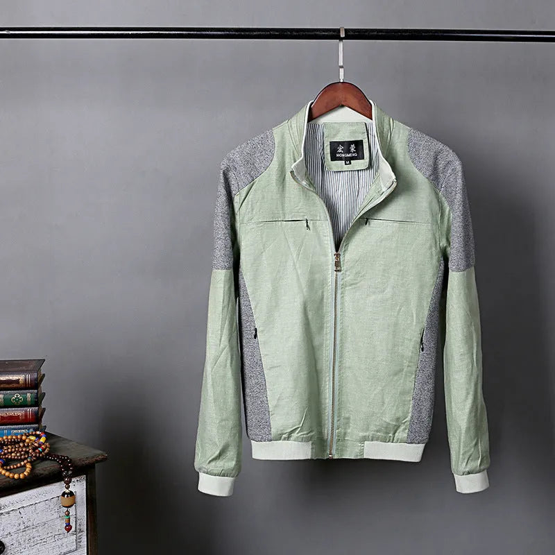 Men's thin heather grey linen jacket on a hanger, showing regular fit and colour block detail.