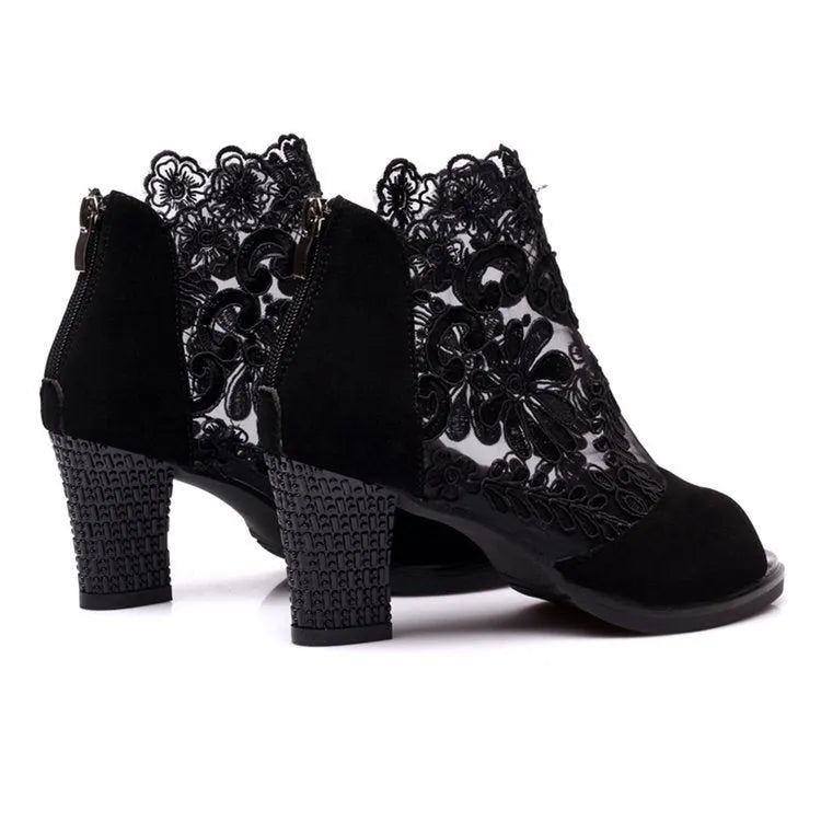 Women's black lace gladiator sandals with square high heels and peep toe design