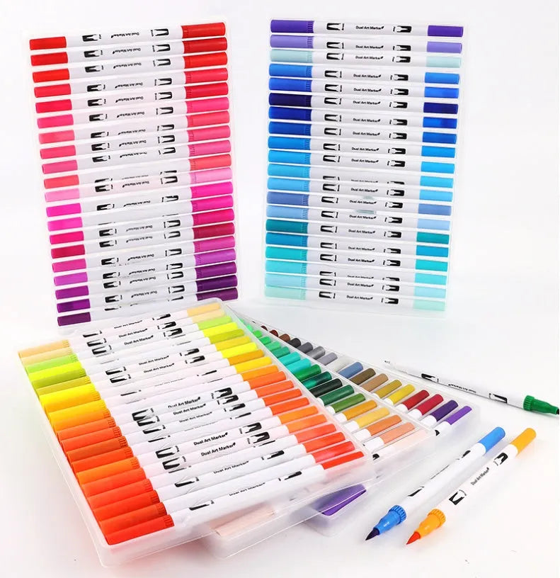 Set of watercolour brush pens with brush tips in a case, showing multiple colour options including reds, blues, and yellows.