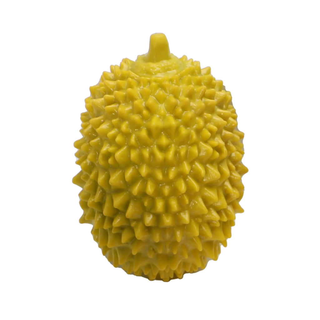 Beige, green, and yellow durian-shaped dog chew toy with raised bristles for teeth cleaning.