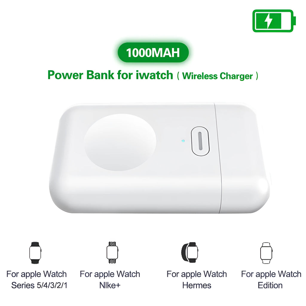 White Apple Watch magnetic wireless portable charger with 1000mAh battery