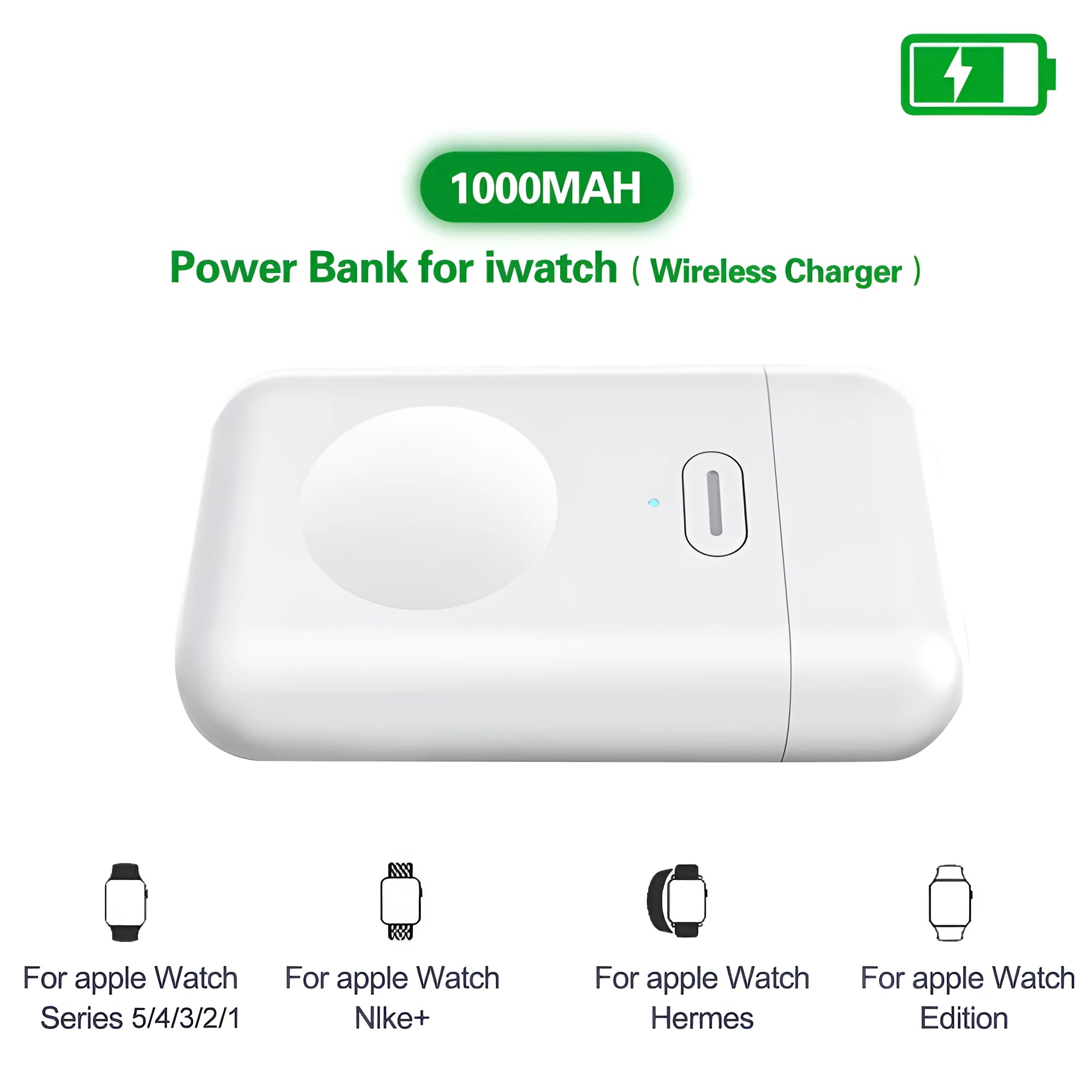 White Apple Watch magnetic wireless portable charger with 1000mAh battery