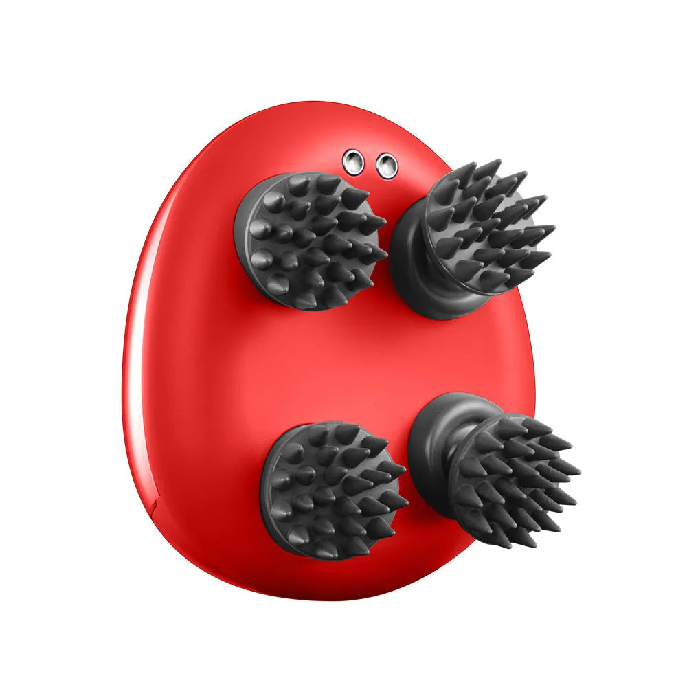 Red handheld electric scalp massager with USB cable connection
