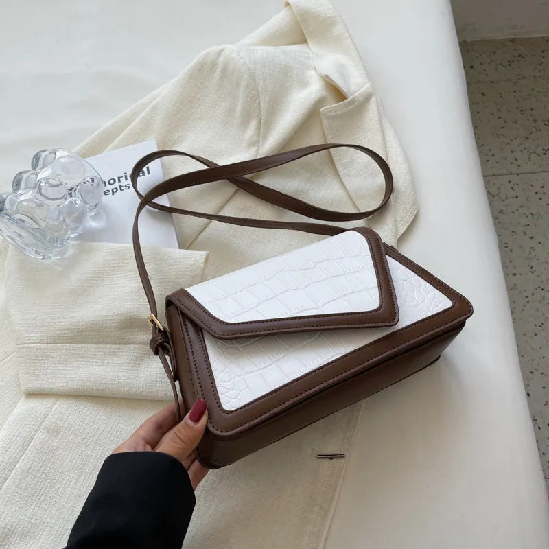 Stone pattern square PU leather one-shoulder bag in black, white with black, khaki, or creamy-white.