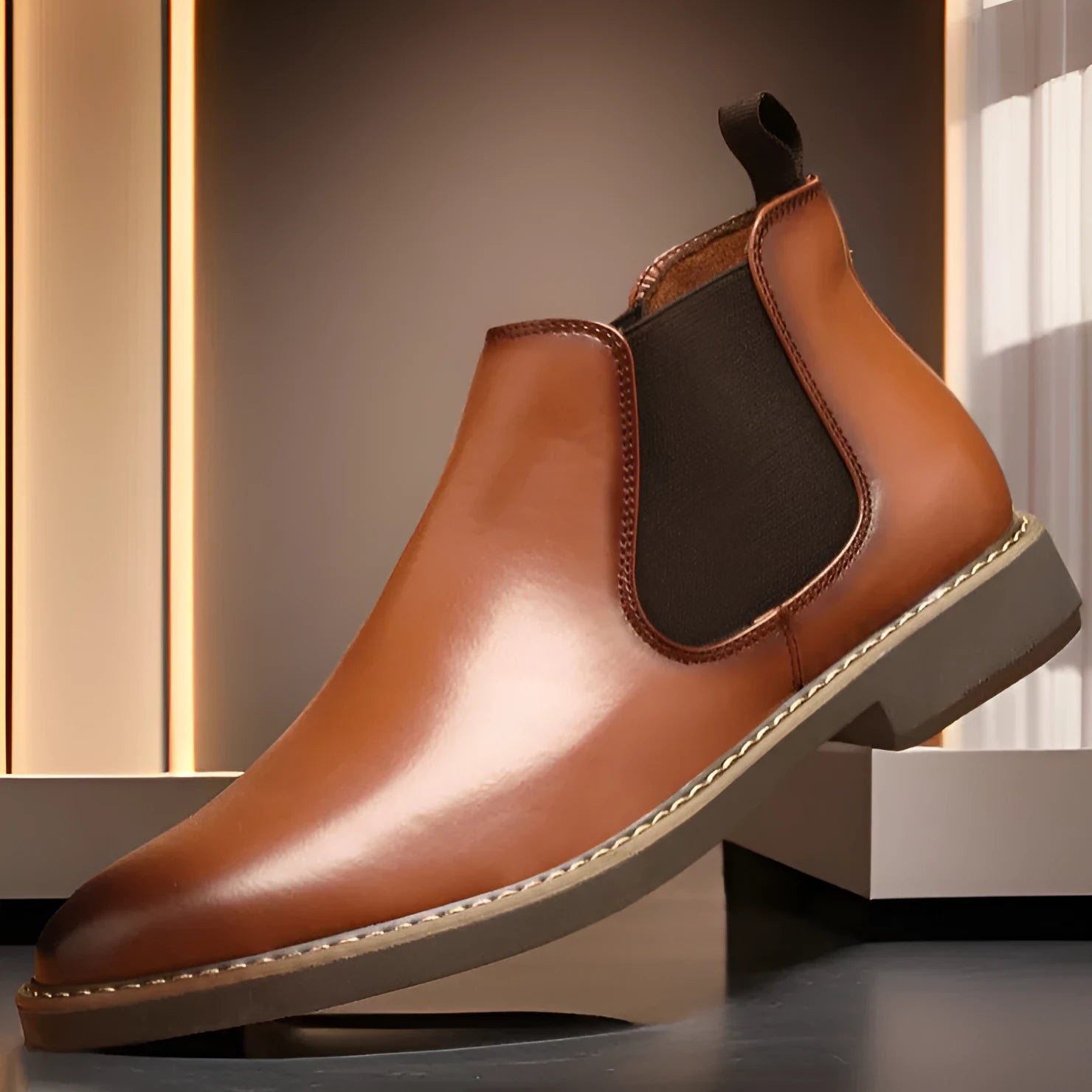 Men's black British-style chukka boot with a mid-calf height, flat square heel, and rubber sole.