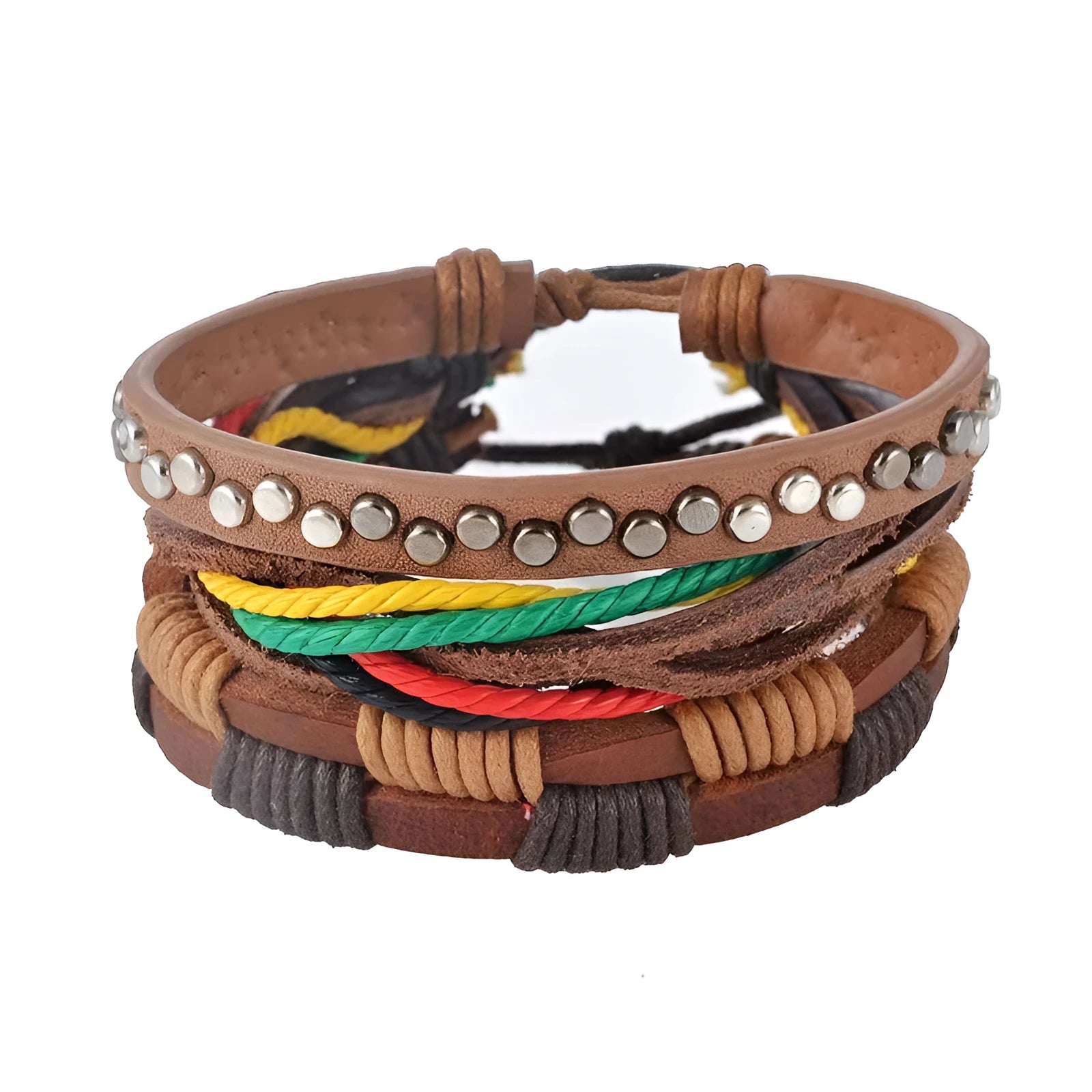 Hand-woven leather bead bracelet with wooden beads and adjustable wrap design