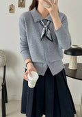 Lapel scarf sweater cardigan in acrylic fibre with regular long sleeves and splicing details