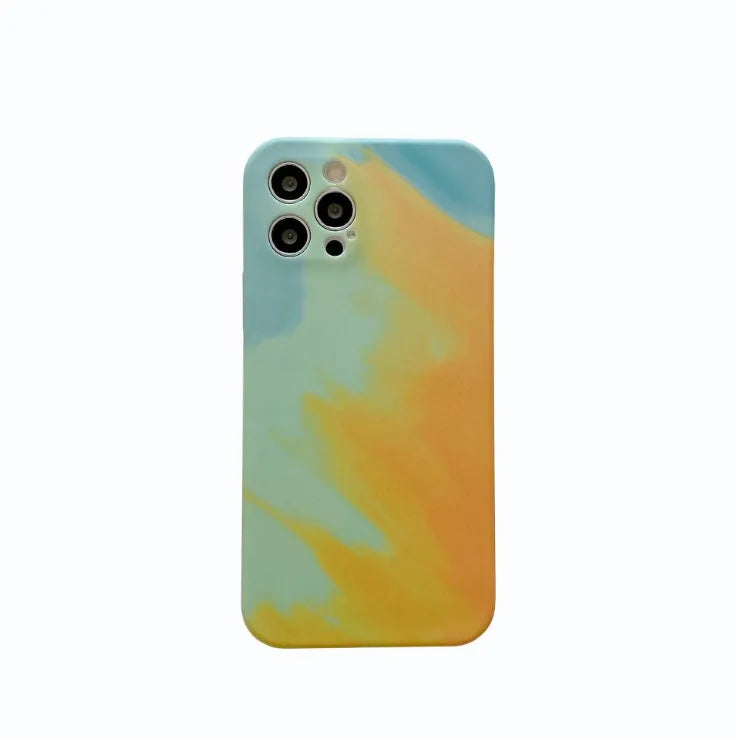 Abstract oil painting gradient geometric pattern on a soft blue silicone case for Apple iPhone.