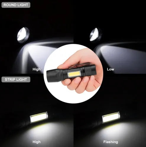 Black aluminium telescopic zoom LED flashlight with clip, shown zoomed in and out.