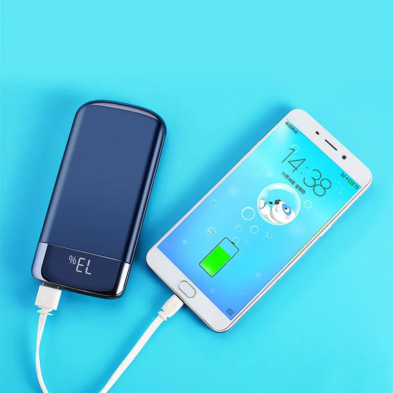 Y10 black portable power bank with LCD display showing battery percentage, two USB ports, and an LED light.