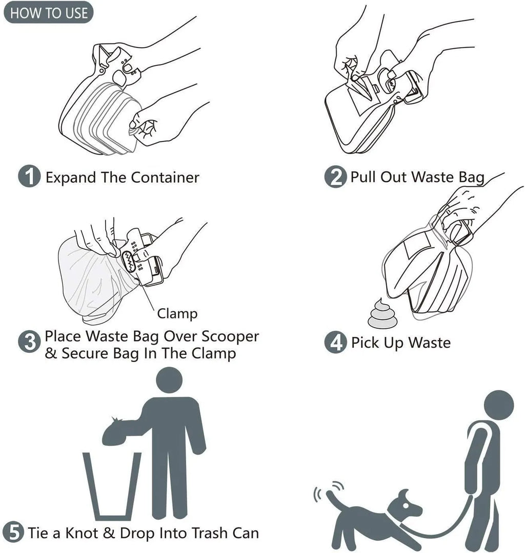 Blue portable dog pooper scooper with clip, expandable waste container, and bag dispenser.