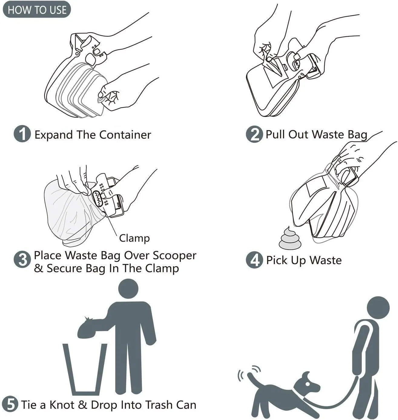 Blue portable dog pooper scooper with clip, expandable waste container, and bag dispenser.
