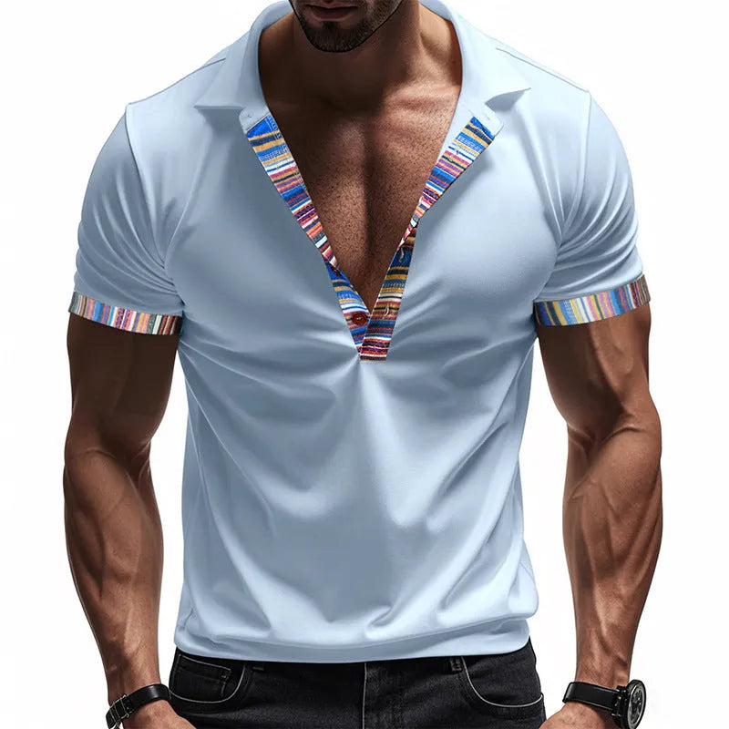 Men's short-sleeved V-neck printed loose casual polo shirt in summer colours